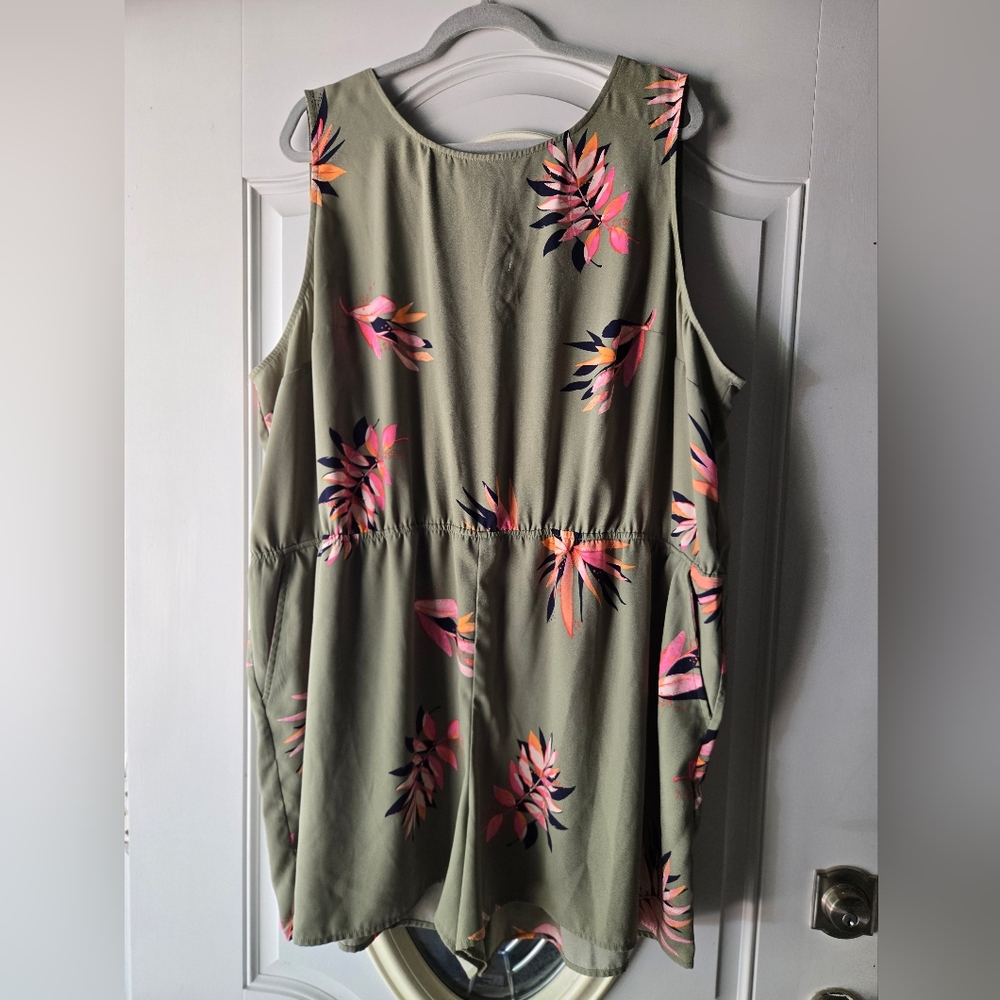 A New Day Plus Floral Sleeveless‎ Romper - Olive Green and Pink